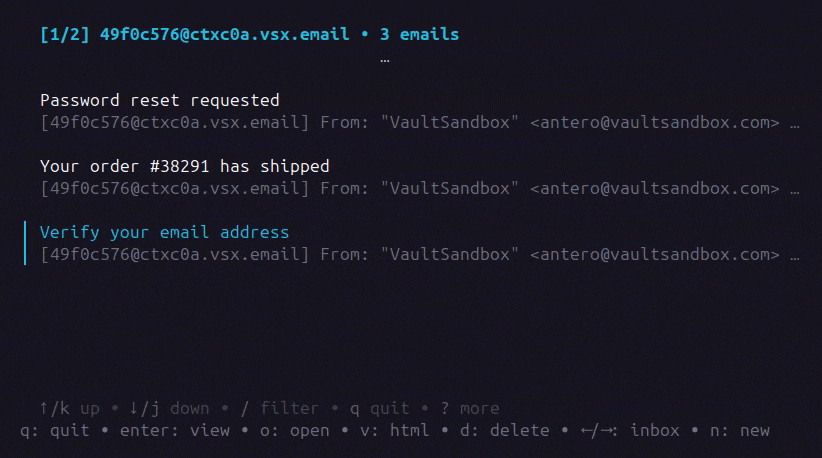 VaultSandbox CLI showing interactive TUI dashboard with real-time email monitoring, tabbed views for content, security, and links