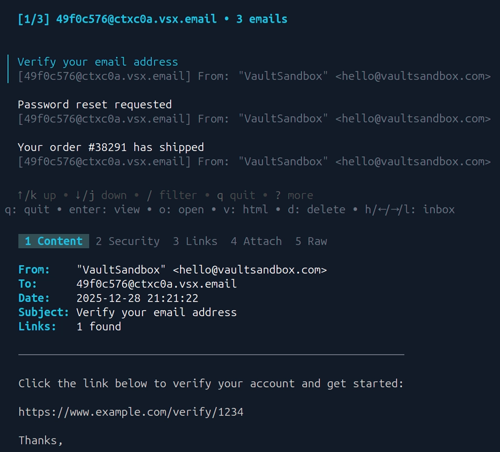 VaultSandbox CLI showing interactive TUI dashboard with real-time email monitoring, tabbed views for content, security, and links